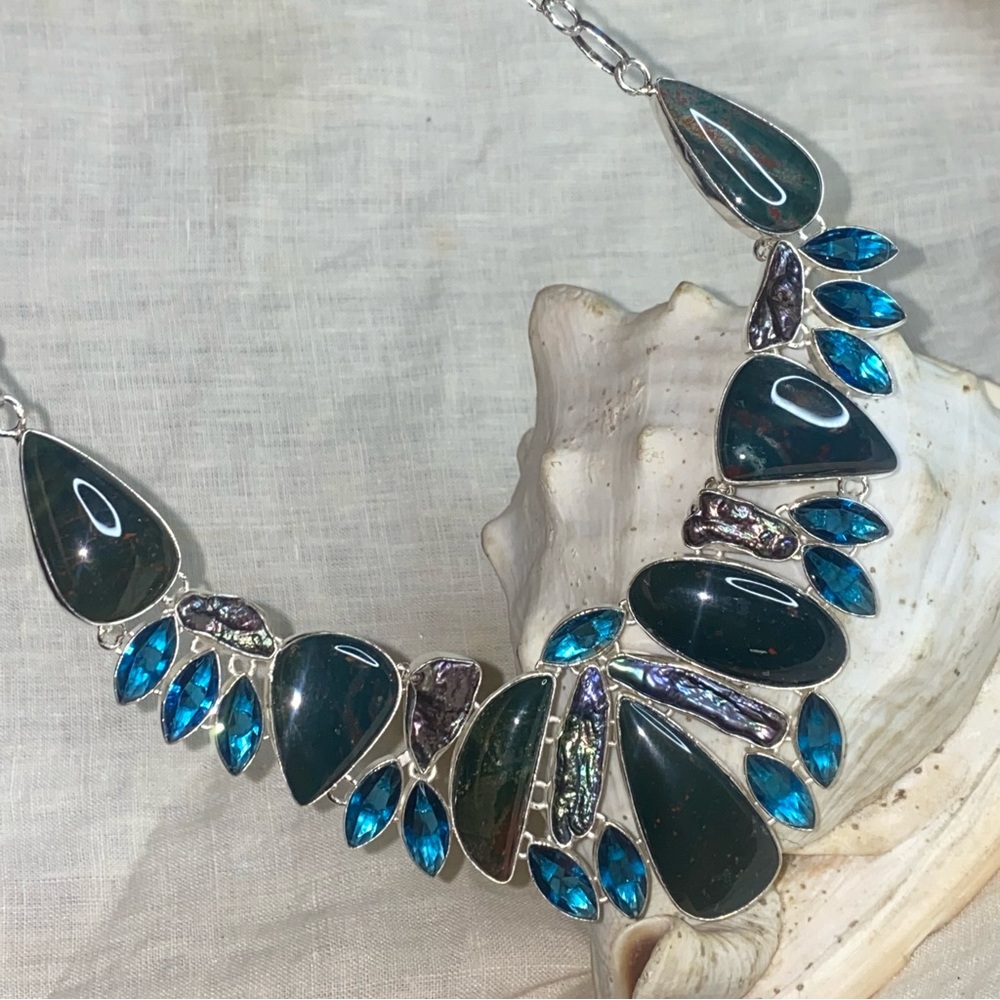 Stunning Bloodstone + Apatite statement cluster necklace